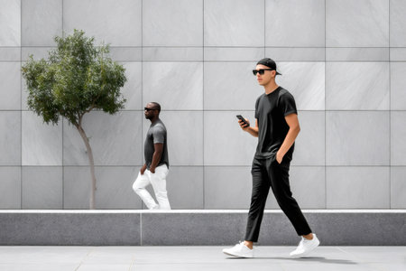 Two men walking on a modern urban street, one using a phone and the other passing a small treeの素材