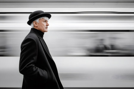 Senior man in bowler hat watching a fast-moving train at a subway stationの素材