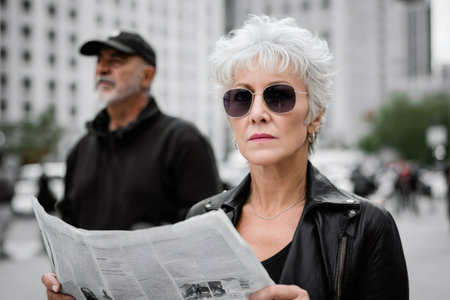Senior woman wearing sunglasses and leather jacket holding newspaper on an urban streetの素材