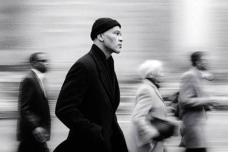 Man with focused expression walking through city street as other people blur pastの素材