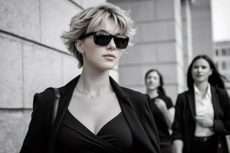 Confident businesswoman with sunglasses walking in a black and white urban sceneの素材