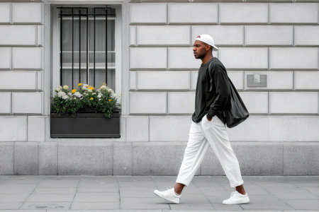 Young man walking sidewalk with modern style, selective color highlighting flowersの素材