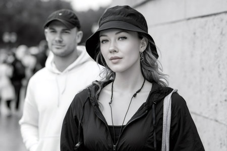 Young woman looking at camera with man standing in background, wearing street style outfitsの素材