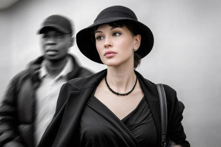 Woman in hat with selective color looking away as man follows in blurred backgroundの素材