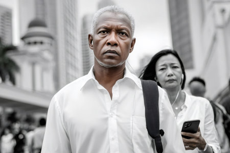 Serious man walking on a blurred street, focused with a selective color effectの素材