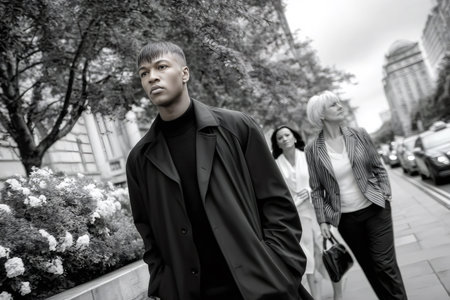 Young man in trench coat walking on city sidewalk with two women in black and whiteの素材