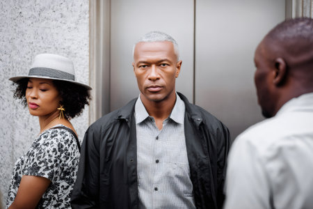 Group of people standing inside an elevator with one man staring intently, creating awkwardnessの素材