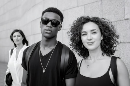 Young couple and woman standing outdoors, representing friendship and diversityの素材