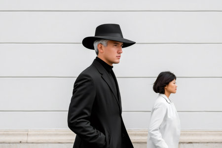 Man and woman in contrasting black and white outfits walking side by sideの素材
