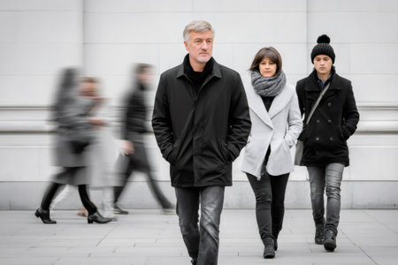 Family group walking on a city street with background people in motion blurの素材