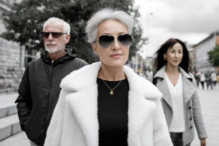 Senior woman walking confidently on a gray city street, wearing sunglasses and a white fur coatの素材