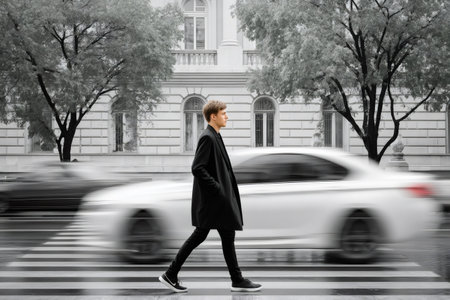 Young man walking on a crosswalk as cars speed past in a monochromatic street sceneの素材