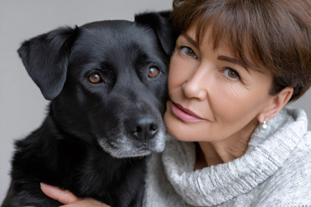 Woman embracing her senior black dog, showing deep affection and loyaltyの素材