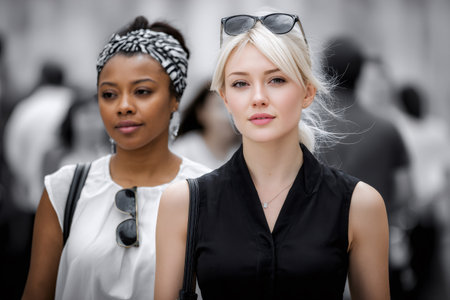 Two diverse young women walking outdoors in the city with selective color effectの素材