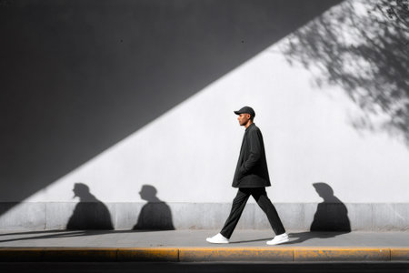 Man walking sidewalk with deep shadows in contrasting black and white lightの素材