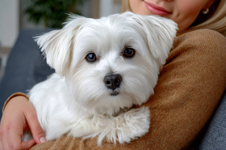 White Maltese dog getting a hug from its female owner at homeの素材
