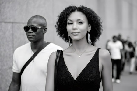Stylish young black woman walking with a man in the background outdoorsの素材