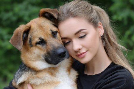 Young woman leaning head on a German shepherd mix dog displaying affectionの素材