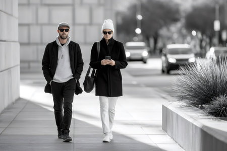 Couple walking on a modern urban street with city traffic in black and whiteの素材