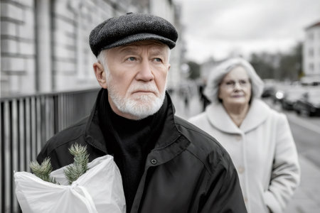 Older man carrying pine branches, walking outdoors with a woman in selective colorの素材