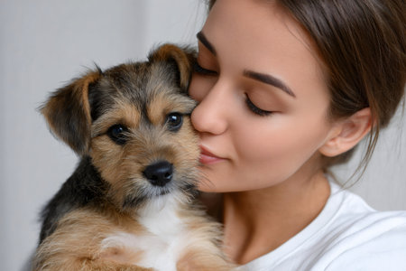 Young woman showing love and affection by embracing her little puppy indoorsの素材