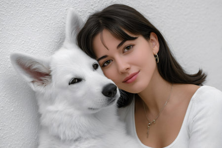 Woman embracing her loyal White Swiss Shepherd dog, showing friendship and companionshipの素材