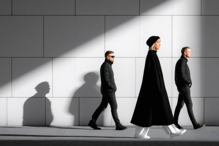 People walking on a city sidewalk creating strong shadows on a modern wallの素材