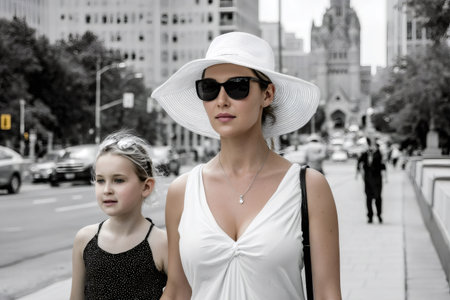 Mother and daughter walking on a city sidewalk during summer, displaying selective colorの素材