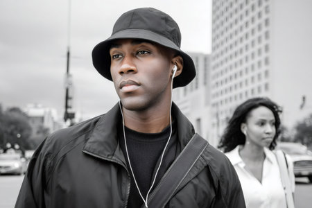 Young man wearing a bucket hat and earphones walking on an urban streetの素材