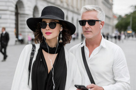 Elegant mature couple walking on a city street, enjoying music with earphones and sunglassesの素材