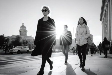 People walking on a busy city street with sun flare and a historic building in the backgroundの素材