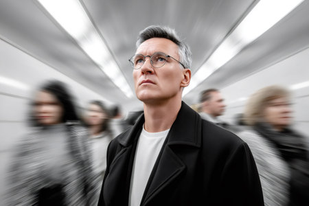 Mature man standing thoughtfully in busy subway with motion blurred commutersの素材
