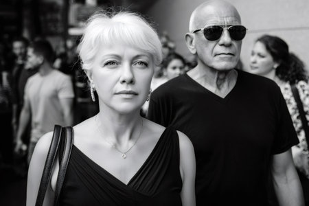 Senior woman and man walking together in a black and white street sceneの素材
