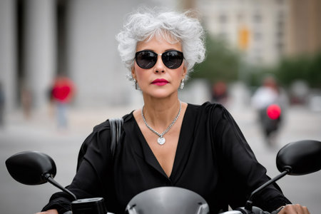 Confident mature woman wearing sunglasses driving a scooter with gray hairの素材