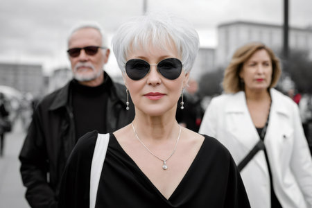 Stylish senior woman wearing sunglasses and smiling while walking outdoors with peopleの素材