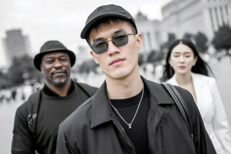 Three diverse people walking urban street, concept of fashion and individualityの素材