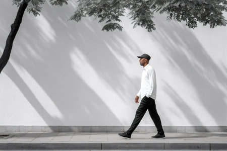 Man walking sidewalk, strong shadows from tree branches decorating the white wallの素材