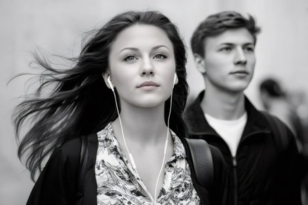 Young woman with earphones looking forward, walking with a man in black and whiteの素材