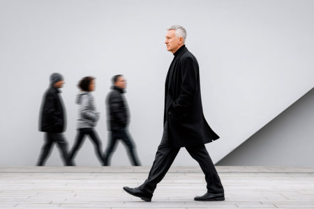 Senior man in black clothing walking in sharp focus, contrasting with a blurred background crowdの素材