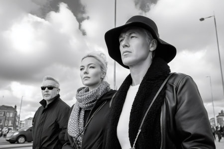 People with determined expressions looking into the future on a cloudy dayの素材