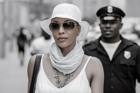Elegant Black woman in hat and sunglasses walking on street, policeman blurred in backgroundの素材