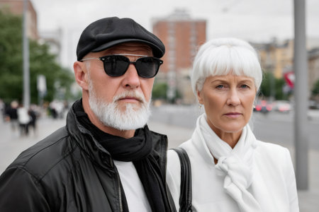 Stylish senior couple standing outdoors, reflecting modern aging in an urban settingの素材