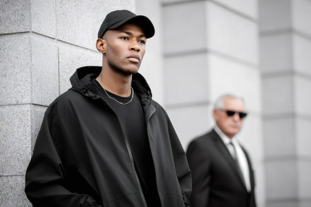 Young man in black clothing looking serious, guarding an older businessman in a selective color urban sceneの素材