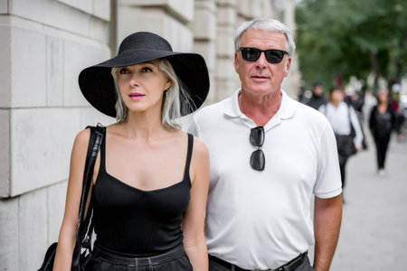 Fashionable mature couple walking outdoors, showing their modern street styleの素材