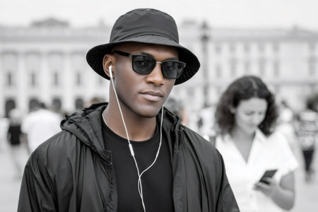 Young black man wearing trendy outfit and earphones in a selective color urban street sceneの素材