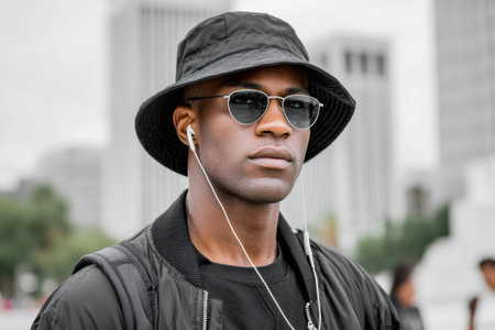 Young black man listening to music with earphones in an urban settingの素材