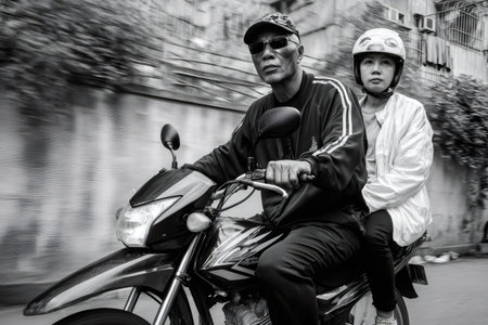 Asian man and woman riding a motorcycle on a city street, demonstrating motionの素材