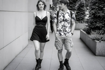 Young couple walking together on a city sidewalk in black and whiteの素材
