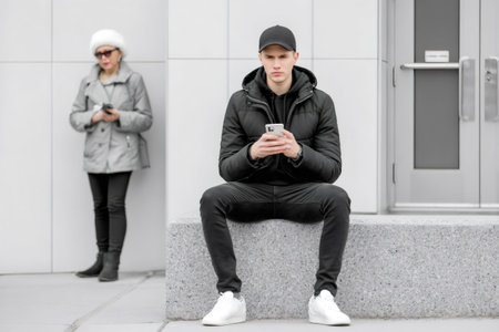 Young man sitting and connecting with smartphone while older woman stands nearby, both using technologyの素材