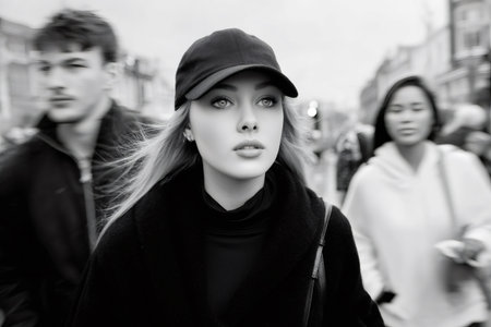 Young woman with blonde hair wearing a cap walking among blurred people on a city streetの素材